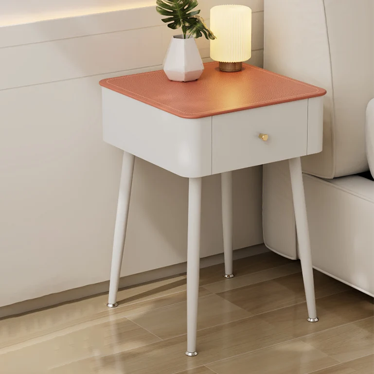 Contemporary Nordic Tempered Glass PP Carbon Steel Square Leather Texture Nightstand With 1 Drawer For Bedroom