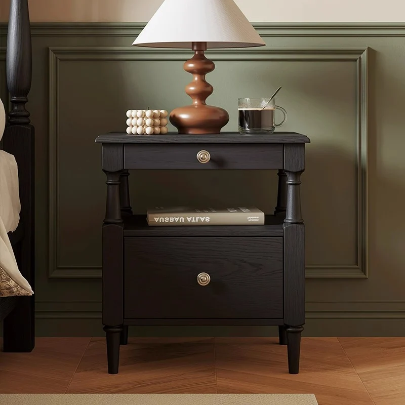 Traditional French Ash Wood Plywood Rectangular Nightstand With 2 Drawers For Bedroom