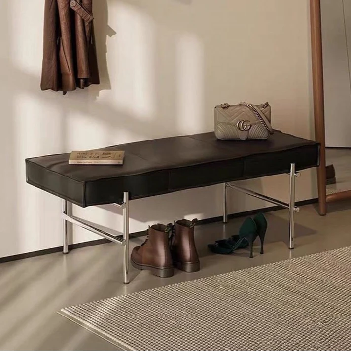 Modern Transitional Rectangular PU Leather Upholstered Stainless Steel Entryway Bench Footstool For Living Room