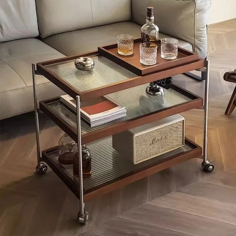 Traditional Vintage Wood, Glass & Stainless Steel Rectangular Side Table With 3-Tier Storage For Living Room & Bedroom