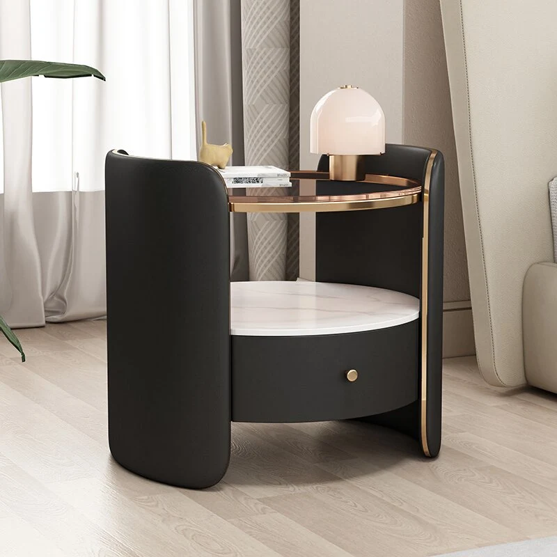 Modern Minimalist Glass, Rock Slab & Wood Round Cylinder Nightstand With 1-Drawer For Bedroom & Living Room