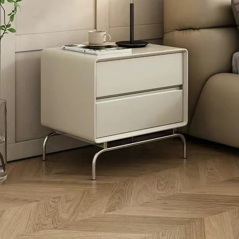 Contemporary Nordic Wood & Stainless Steel Rectangular Nightstand With 2 Drawers For Bedroom & Living Room