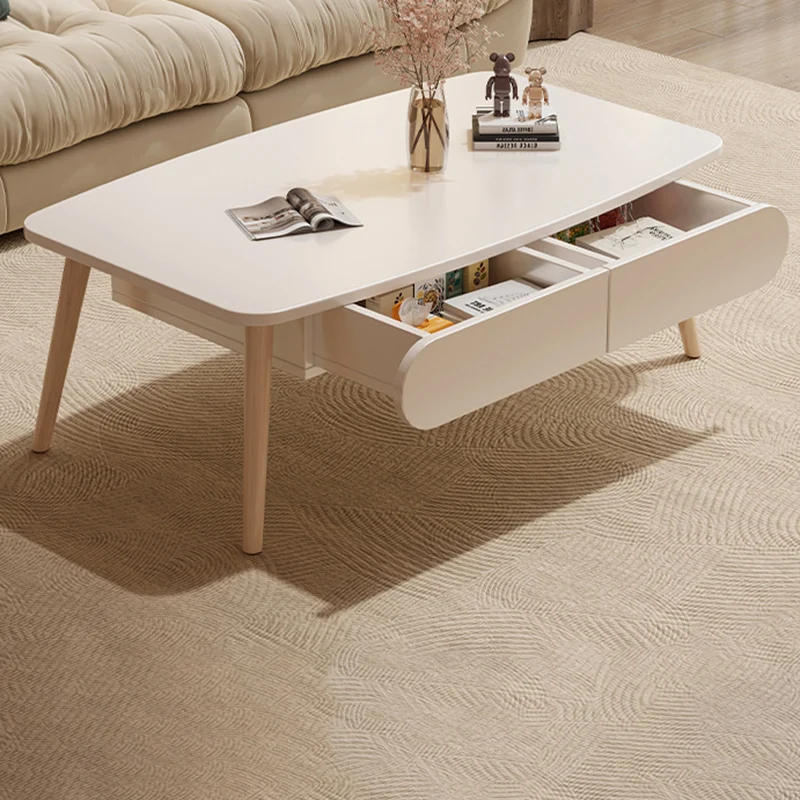 Modern Minimalist Rectangular MDF & Beech Wood Coffee Table 2-Drawer For Living Room