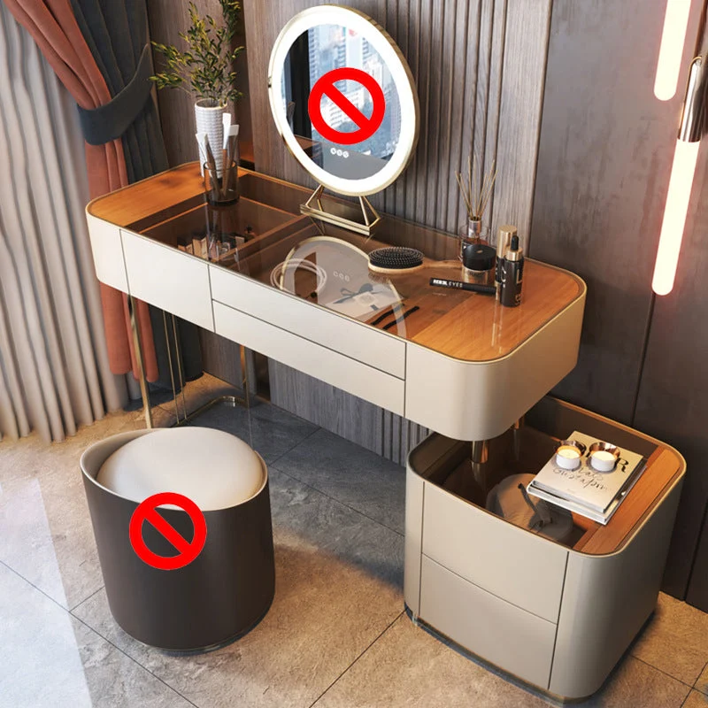 Glass Vanity Desk with 5 Storage Drawers 16.14" Wide Cream Wood Vanity Set