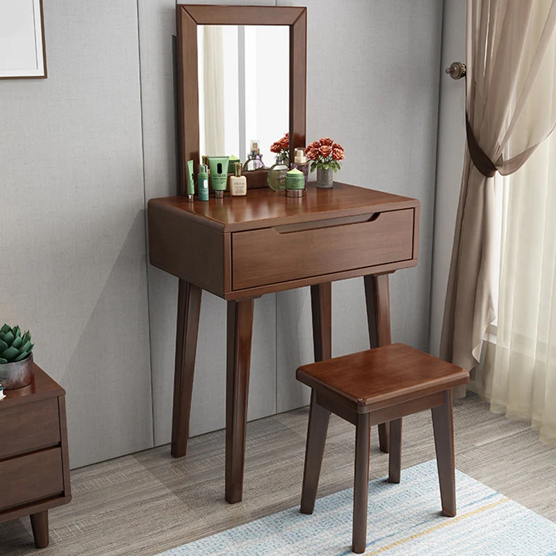 Contemporary Solid Wood Makeup Table Vanity Stool with Drawers and Mirror