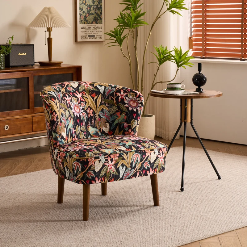Traditional French Fabric, Corduroy & Wood Square Curved Accent Chair For Bedroom And Living Room
