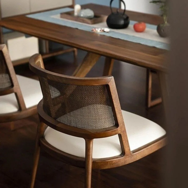 Traditional Vintage Microfiber Leather, Ash Wood & Rattan Curved Dining Chair For Dining Room, Living Room And Bedroom