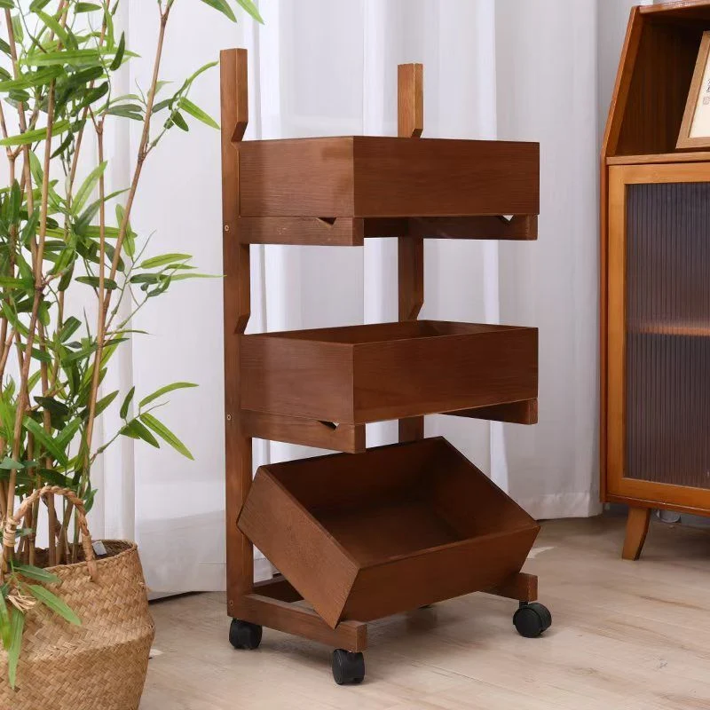 Traditional Farmhouse Pine Wood Floor-Standing 3/4-Tier Storage Shelves Snack Display Rack With Wheels For Living Room