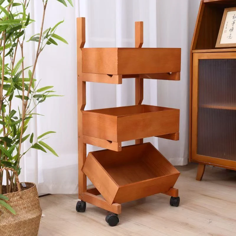 Traditional Farmhouse Pine Wood Floor-Standing 3/4-Tier Storage Shelves Snack Display Rack With Wheels For Living Room
