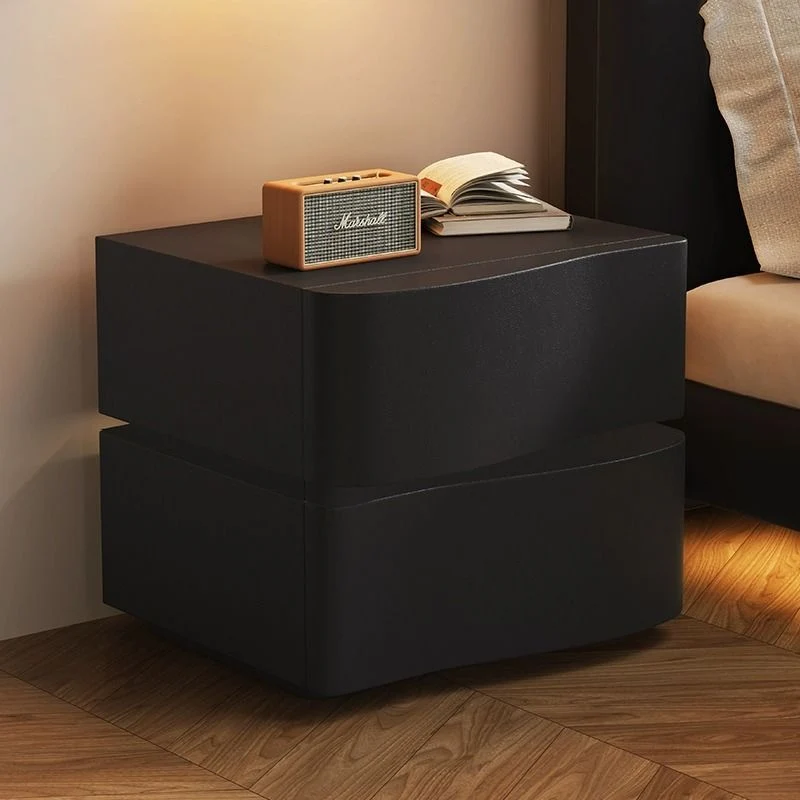 Contemporary Creative Pine Wood Microfiber Leather Plywood Curved Rectangular Nightstand 2-Drawer For Bedroom