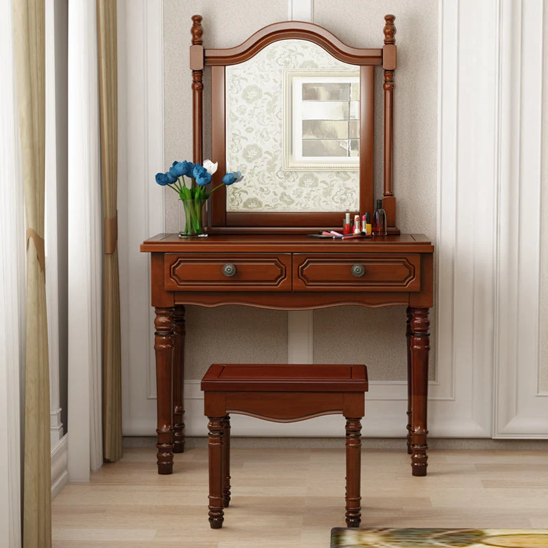 Traditional Mirrored Vanity Set Solid Wood Dressing Table with Stool