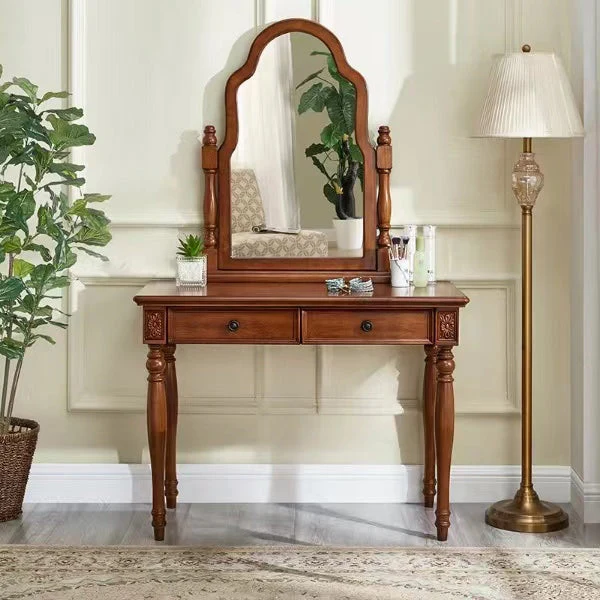 Traditional 2 Drawers Wood Mirrored Makeup Table Desk Vanity in Brown