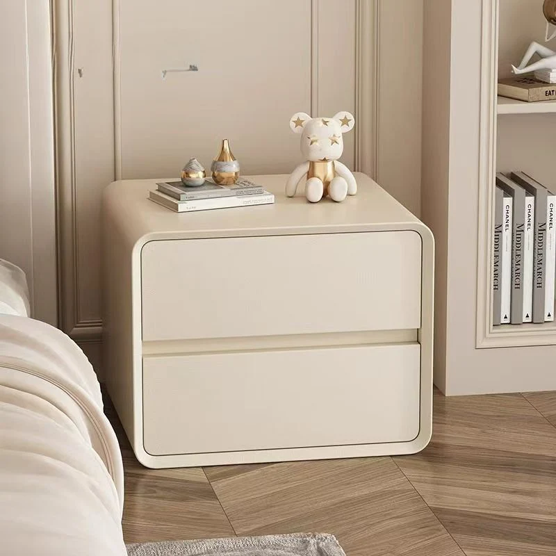 Modern Minimalist Faux Leather Plywood Solid Wood Rounded Rectangular Nightstand 2-Drawer For Bedroom