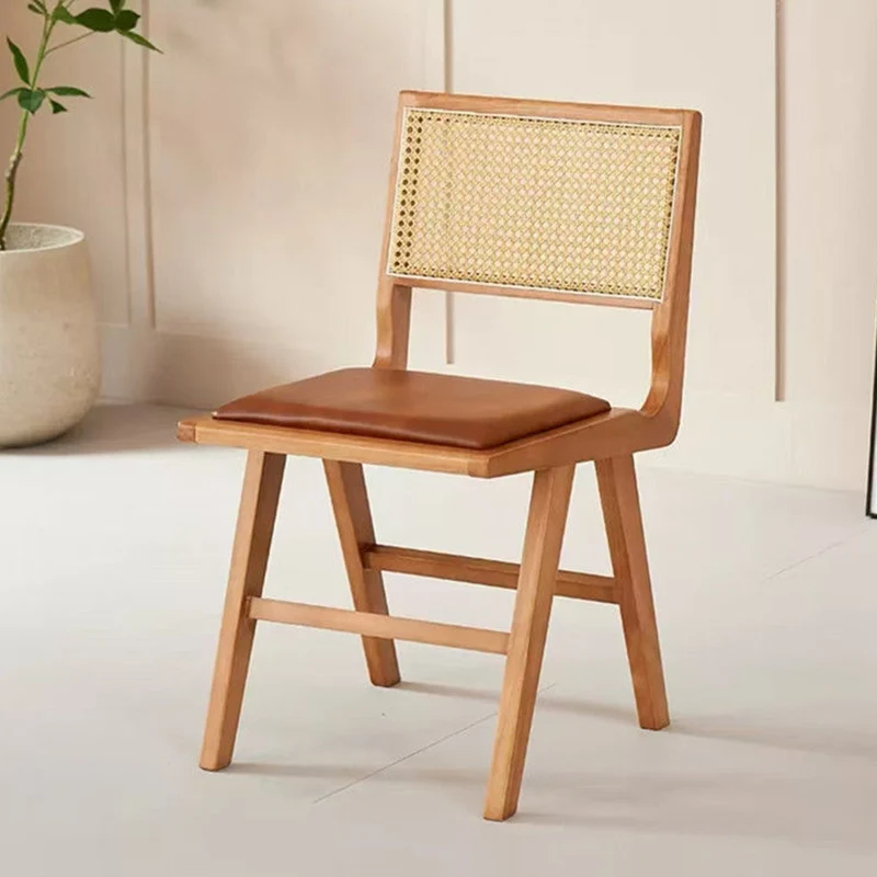 Contemporary Nordic H-Shaped Rubberwood Faux Rattan Weaving PU Leather Sponge Dining Chair Backrest Armless For Dining Room