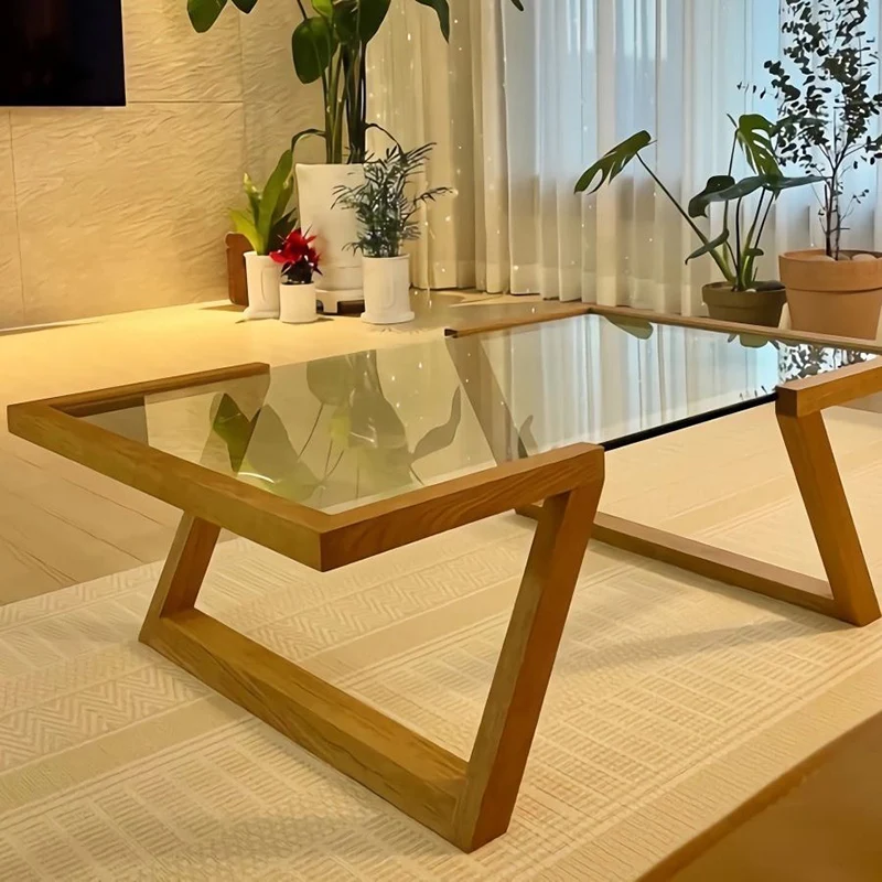 Modern Art Deco Rectangular Pine Wood Glass Coffee Table 1-Tier For Living Room