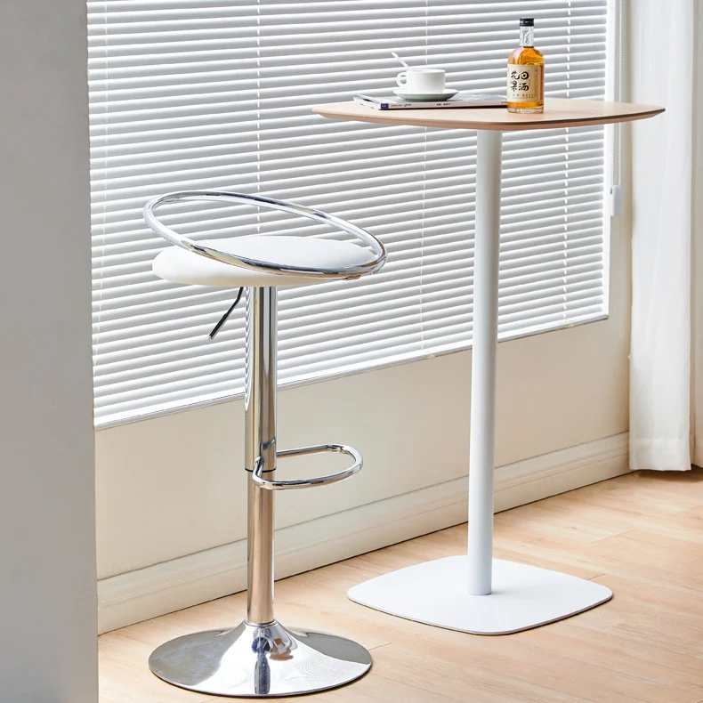 Modern Mid-Century Round Faux Nappa Leather Carbon Steel Height Adjustable Swivel Bar Stool Low Back Footrest For Dining Room