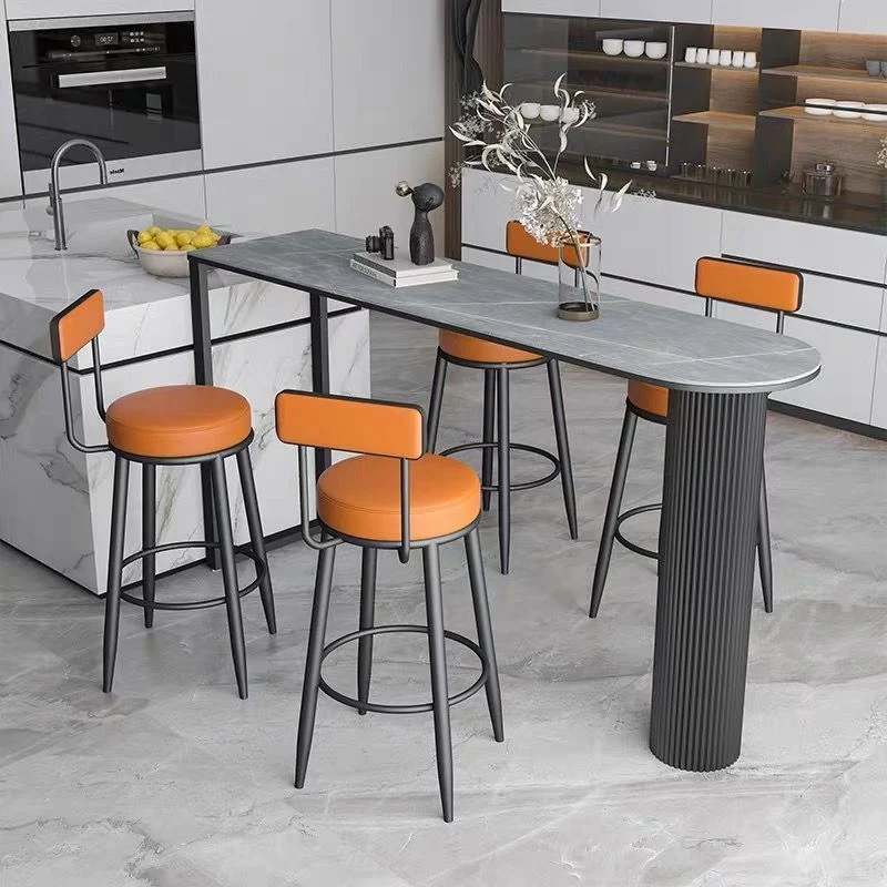 Contemporary Nordic Round PU Leather Microfiber Leather Genuine Leather Better Material Genuine Leather Upholstered Iron Bar Stool Backrest Footrest For Dining Room