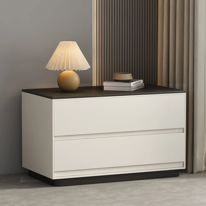 Modern Minimalist Sintered Stone Microfiber Leather Plywood Rectangular Nightstand 2-Drawer For Bedroom