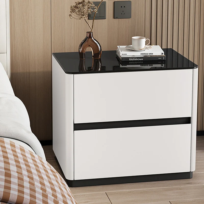 Modern Luxury Tempered Glass Solid Wood Rounded Rectangular Nightstand 2-Drawer For Bedroom