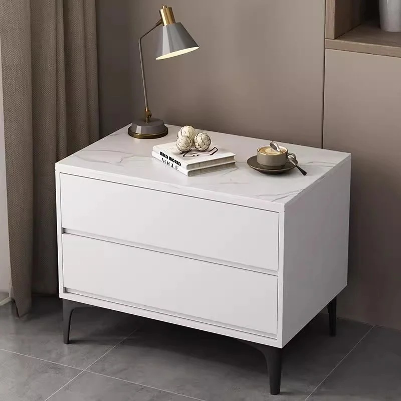 Modern Minimalist Oak Wood Sintered Stone Rectangular Nightstand With 2 Drawers For Bedroom
