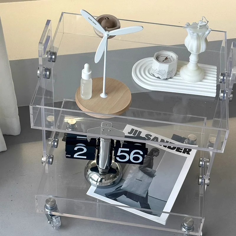 Modern Minimalist Acrylic Rectangular Side Table With 2/3-Tier Storage For Bedroom & Living Room