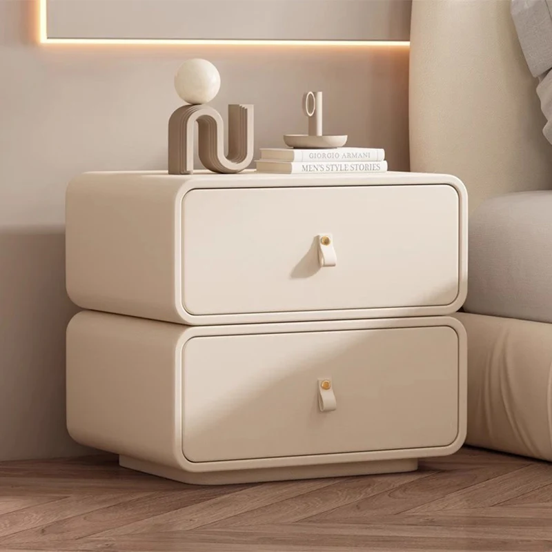 Contemporary Nordic Microfiber Leather & Plank Square Nightstand With 2 Drawers For Bedroom And Living Room