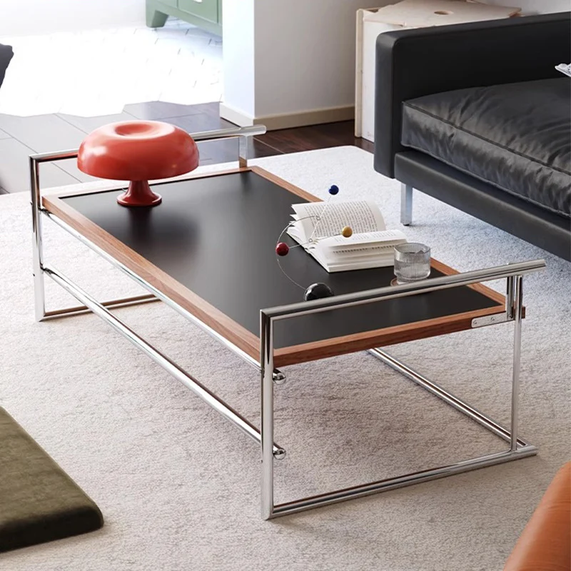 Contemporary Nordic Plank, Wood & Stainless Steel Rectangular Coffee Table With 90° Flip Top For Living Room And Bedroom