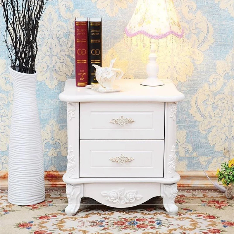 Traditional European Square Cube Carving Medium Density Fiberboard Nightstand 2 - Drawer For Bedroom