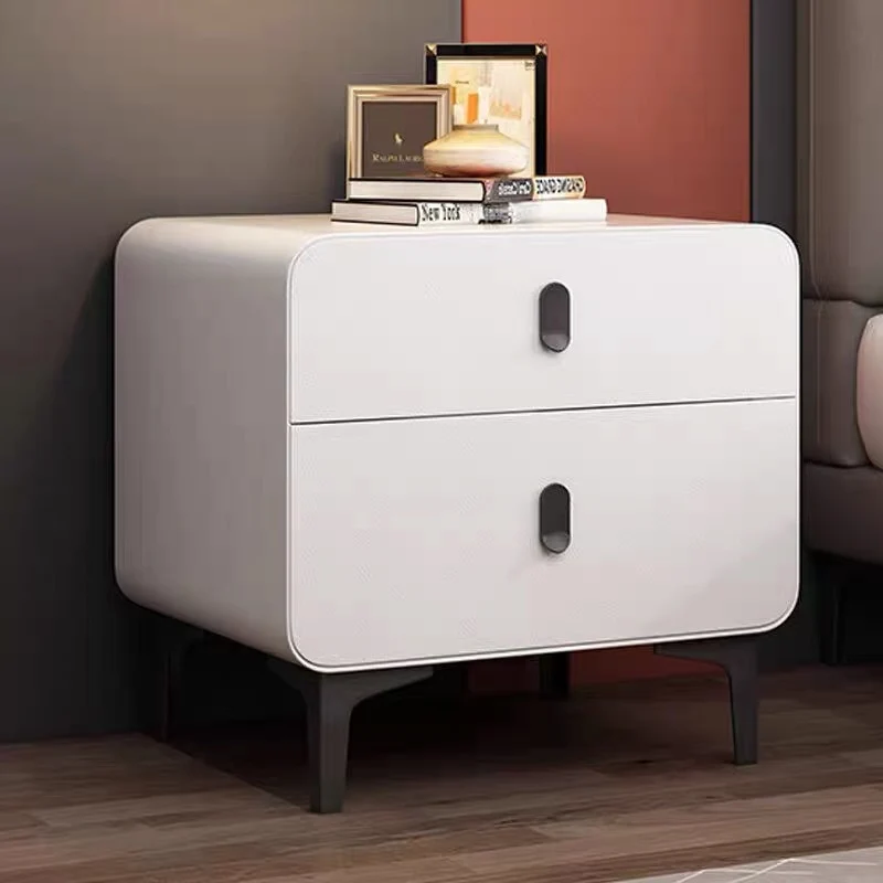 Contemporary Nordic Square Cube Medium Density Fiberboard Pine Faux Leather Nightstand 2 - Drawer For Bedroom