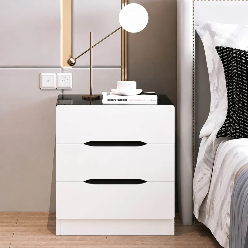 Modern Minimalist Square Cube Medium-Density Fiberboard Nightstand 3 - Drawer For Bedroom