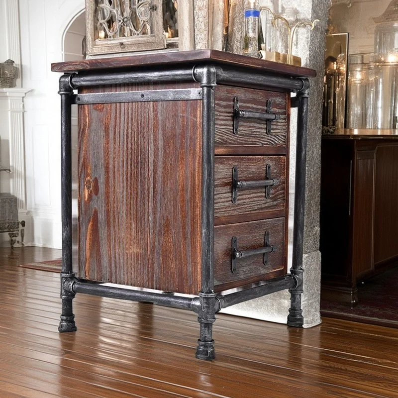 Contemporary Industrial Square Cube Iron Pine Nightstand 3 - Drawer For Bedroom