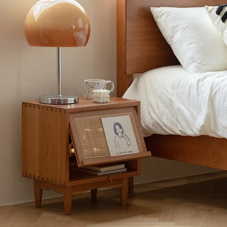 Contemporary Retro Square Cube Flip Door PP Rattan Plywood Pine Cherry Wood Nightstand 2 - Tier For Bedroom