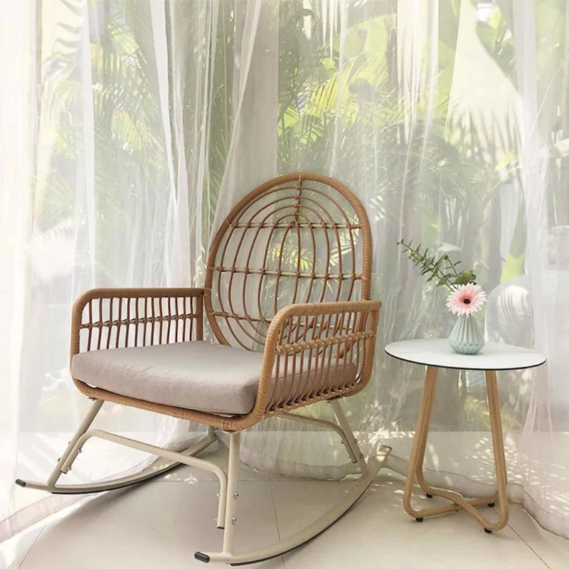 Contemporary Boho Curved Fabric Alloy Steel Iron PE Rattan Weaving Rocking Chair Backrest Armrest For Living Room