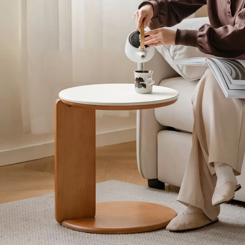 Modern Minimalist Round Cherry Wood Rock Slab Coffee Table 2-Tier for Living Room