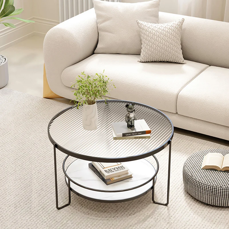Modern Minimalist Round Iron Eco-Friendly Engineered Wood Glass Coffee Table 2-Tier for Living Room