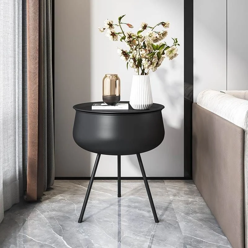 Contemporary Nordic Iron Round Nightstand With 1-Storage For Bedroom And Living Room