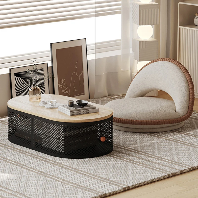 Modern Minimalist Plank & Iron Oval Coffee Table For Bay Window And Living Room