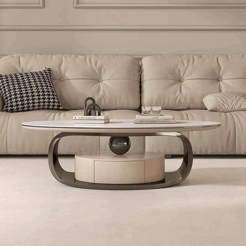 Modern Minimalist Rock Slab, Stainless Steel & Wood Oval Coffee Table With 1-Drawer For Living Room And Bedroom