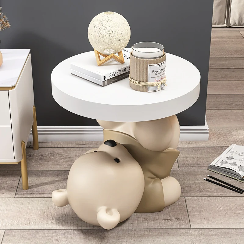 Contemporary Creative Resin Plywood Bear Base Round Side Table For Bedroom And Living Room
