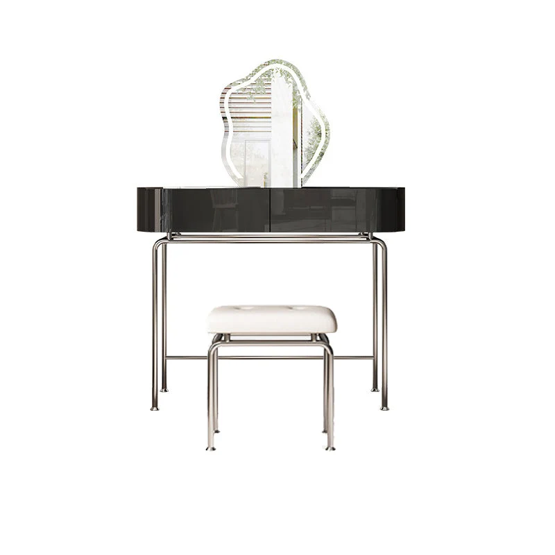 Modern Black Vanity Desk Glass Top Dressing Table with Lighted Mirror & Padded Stool