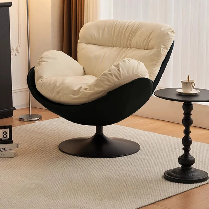 Contemporary Nordic Cat-Scratch Leather Carbon Steel Curved Round-Base Swivel Lounge Chair With Backrest For Living Room