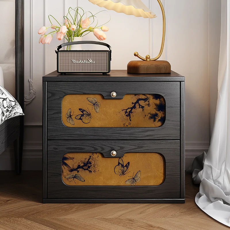 Traditional Chinese Eco-Friendly Engineered Plywood Pine Wood Velvet Rectangular Butterfly Nightstand With 2 Drawers For Bedroom Or Living Room