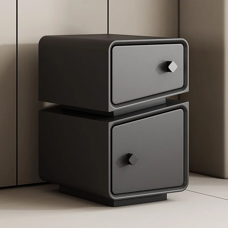 Modern Minimalist HDF Plywood Microfiber Leather Rectangular Split-Cut Nightstand With 2 Drawers For Bedroom