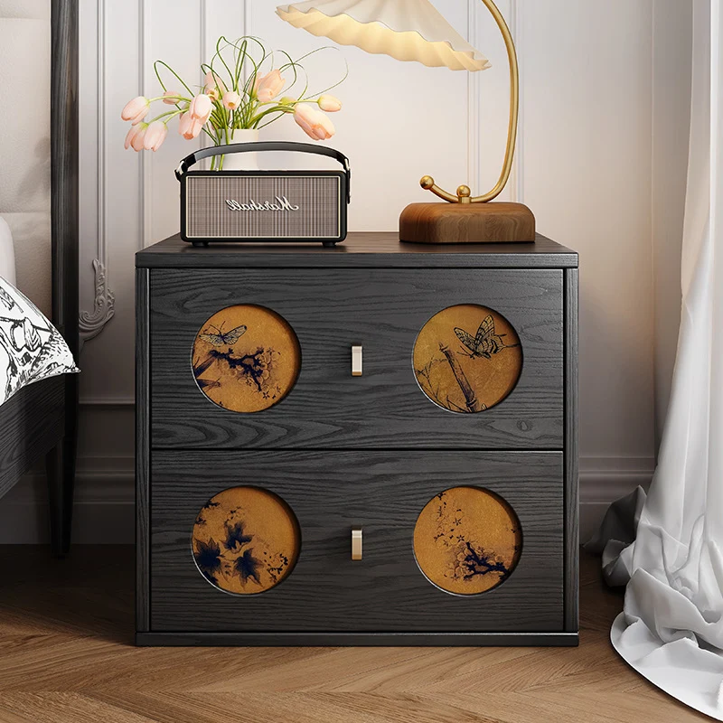 Traditional Chinese Eco-Friendly Engineered Wood Plywood Pine Wood Velvet Rectangular Nightstand With Butterfly Pattern And 2 Drawers For Bedroom Or Living Room