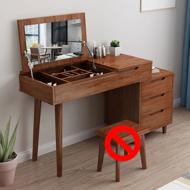 Bedroom Dressing Table Rubberwood Flip-Top Make-up Vanity with 4 Storage Drawers