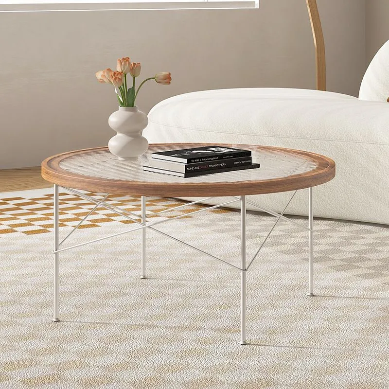 Modern Minimalist Round Iron Vacuum Formed MDF Panel Glass Coffee Table 4 Legs For Living Room