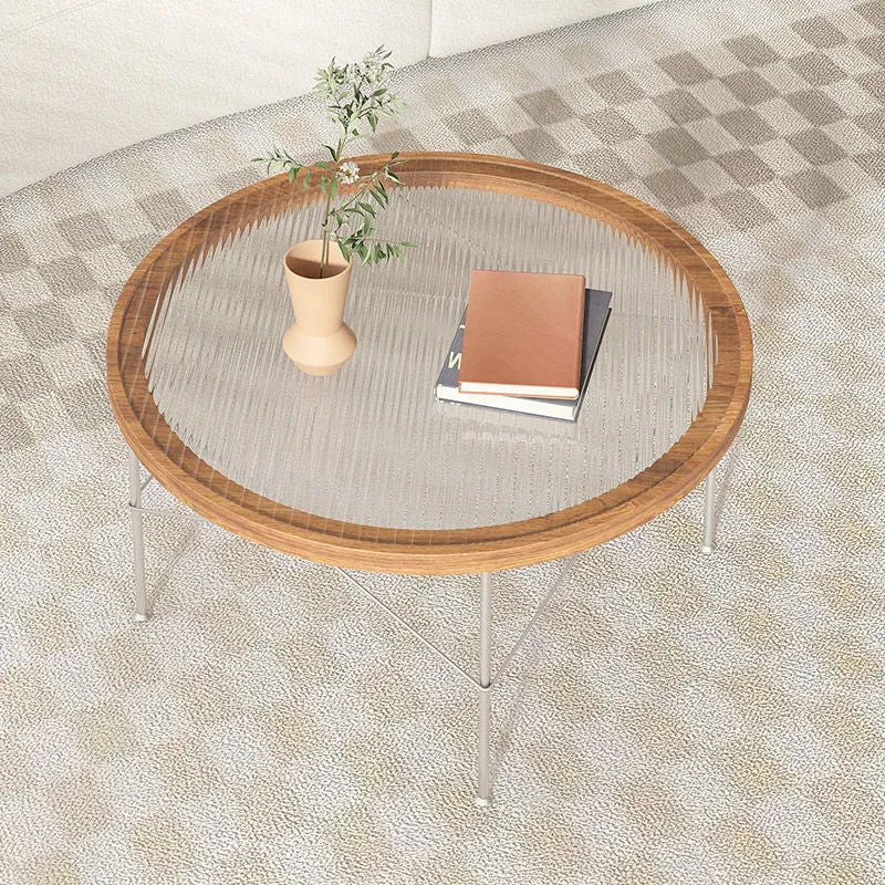 Modern Minimalist Round Iron Vacuum Formed MDF Panel Glass Coffee Table 4 Legs For Living Room