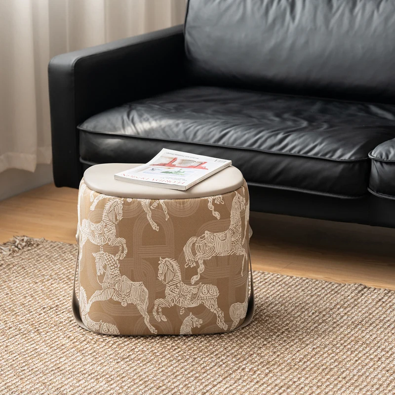 Contemporary Luxury Square Saddle-Style Faux Leather Pouf Footstool For Entryway
