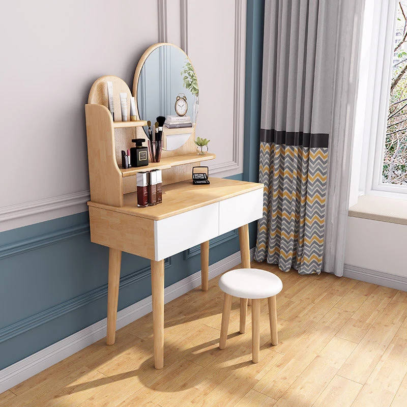 Solid Wood Dresser Scandinavian Vanity Set with Stool and 2 Drawers