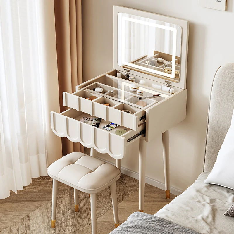Modern Minimalist Fiberboard Metal Rectangular Arch Makeup Vanity & Stool Set With Flip Top LED Mirror & 2 Drawers For Bedroom
